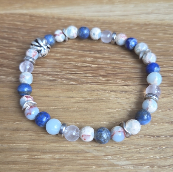 Aqua Terra Jasper & Lapis Lazuli Stretch Beads Bracelet, Hand Crafted - Picture 6 of 8